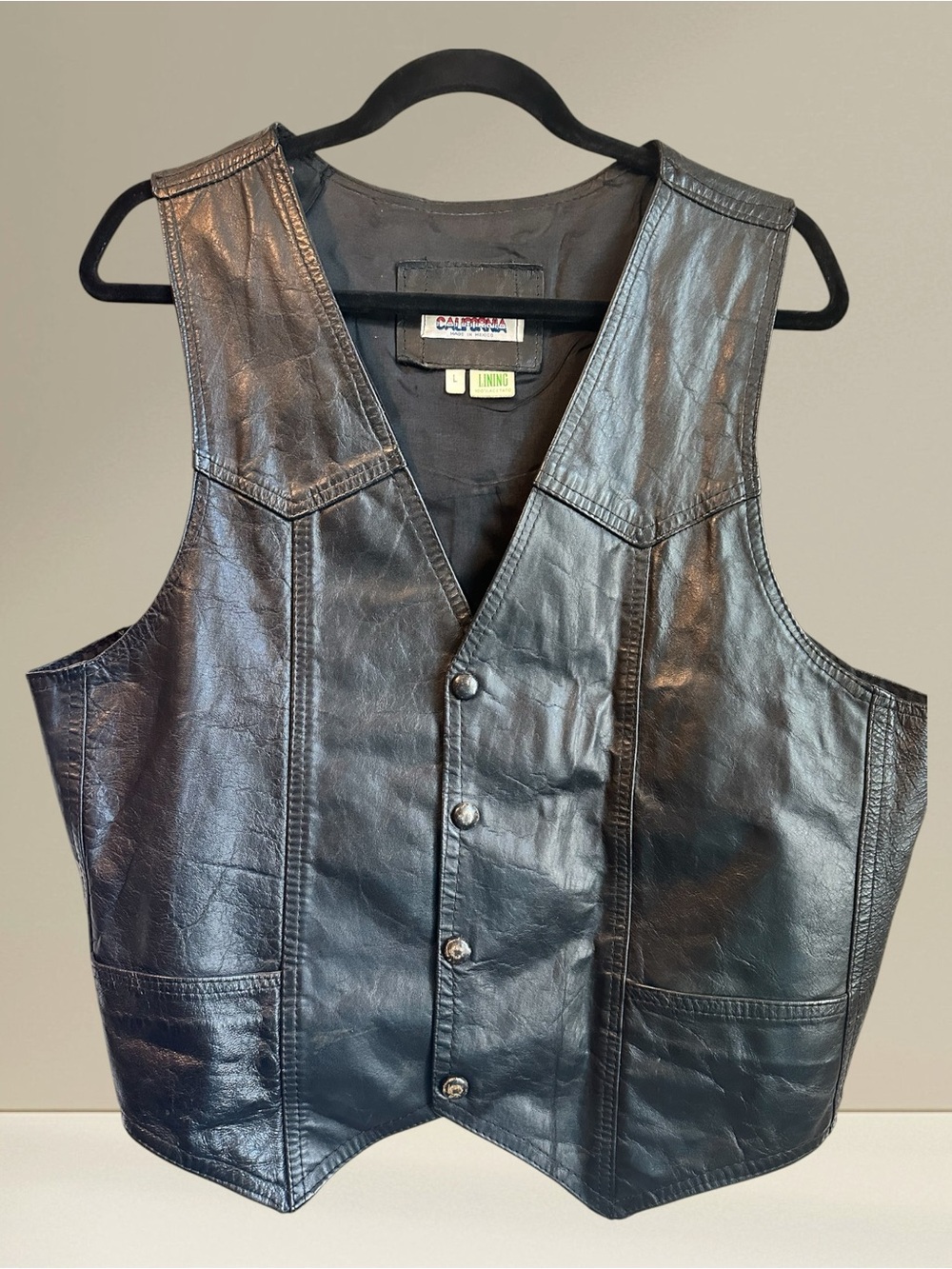 Men's Black Leather Vest - Classic Button Front